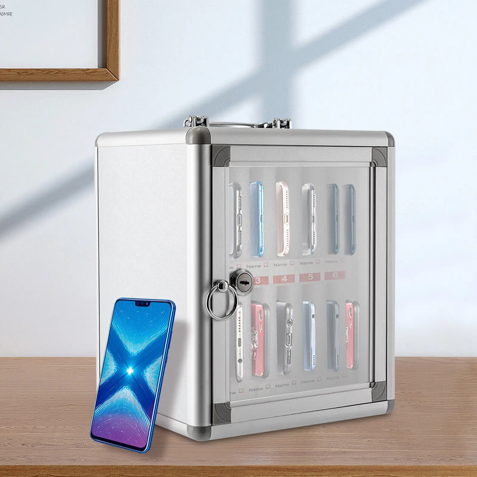 12 Slots Aluminum Alloy Cell Phones Storage Cabinet Wall Mounted Freestanding Clear Pocket Locker Box