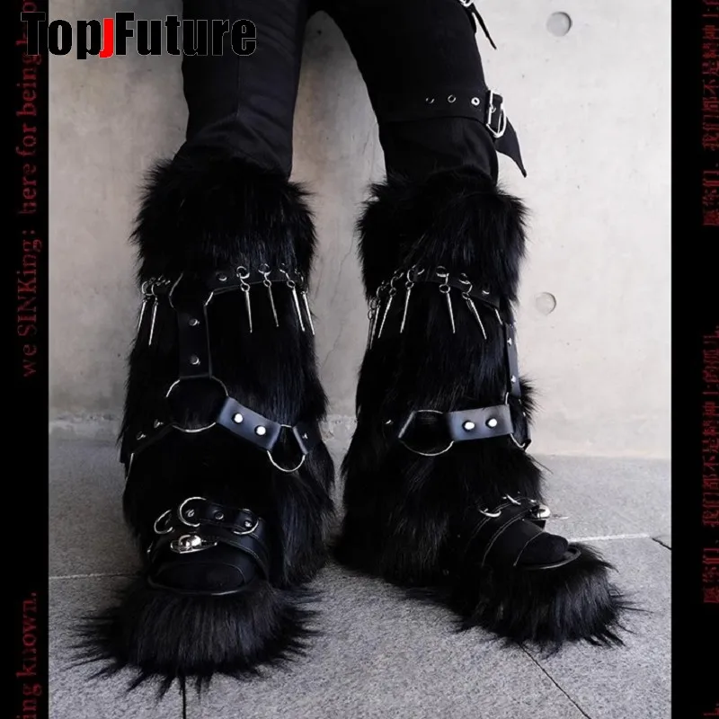 

Women UNISEX Harajuku Steampunk Furry Leg Warmer Y2K Girl Gothic Rivet Metal Buckle Faux Fur Boot Covers Streetwear Leg Warmers