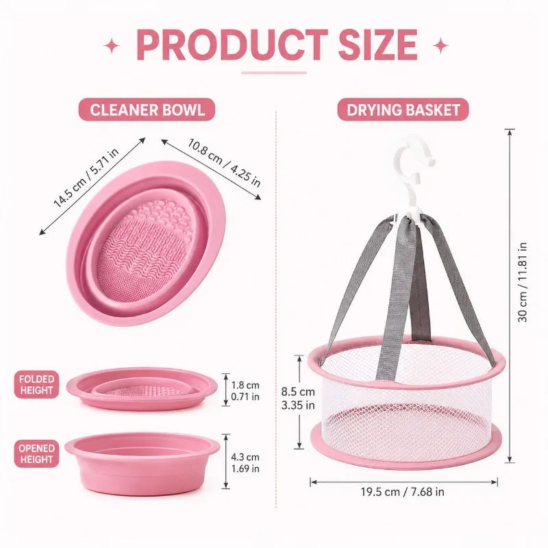 2-in-1 Silicone Makeup Brush Cleaner Bowl with Drying Basket, Foldable Beauty Sponge Puff Washing Pad for Travel Makeup Tools - view 5