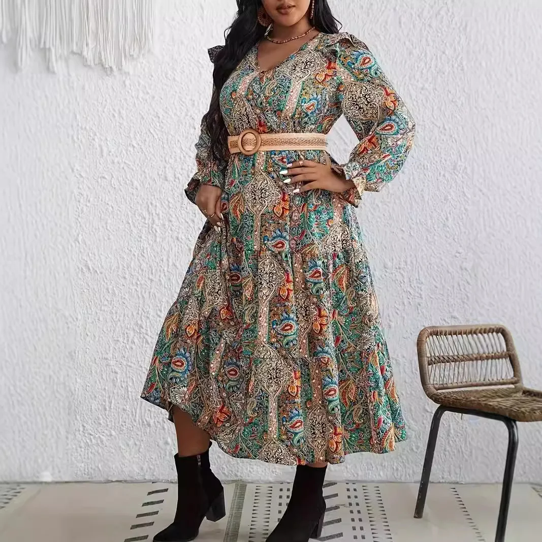 Plus Size Paisley Print Midi Dress Oversized Long Sleeve Ruffle Hem Dress for Women Bohemian Style