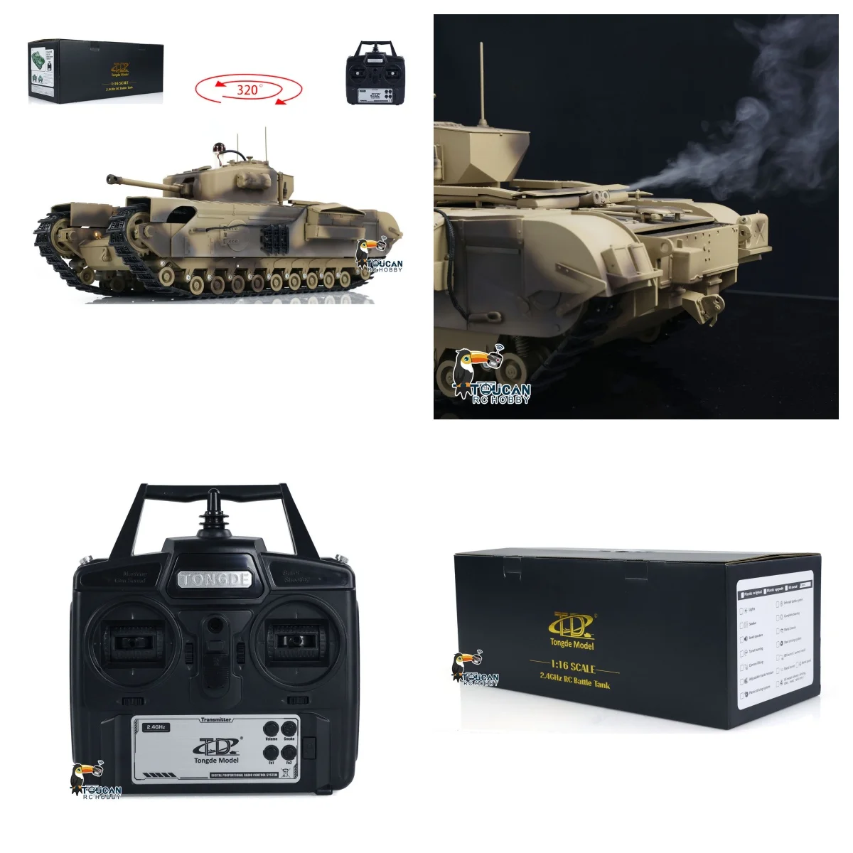 Tanque TD RC RTR Churchill Mk.VII, pistas de Metal, barril infrarrojo, unidad para fumar, sonido ligero, tanques de batalla, modelo de juguetes RC, 1/16