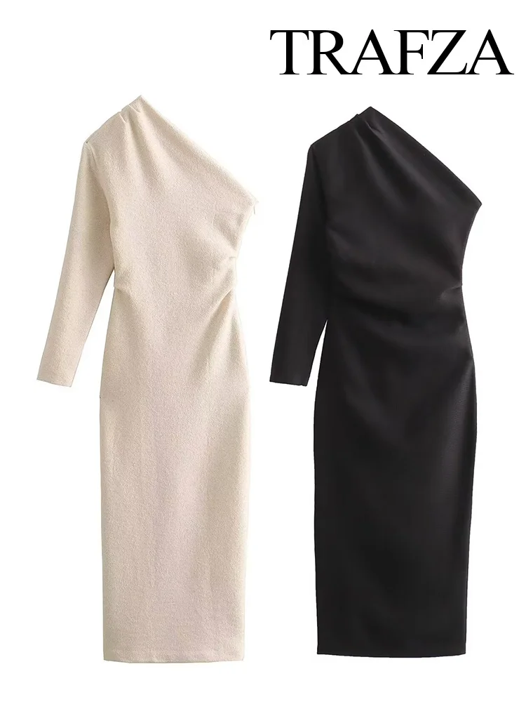 

TRAFZA женское осеннее темпераментное текстурированное асимметричное вечернее платье на запястье с одним рукавом с разрезом подол тонкие женские однотонные платья