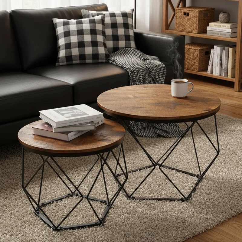 

Nordic retro round coffee table wood Internet celebrity wrought iron creative modern small apartment simple home living room