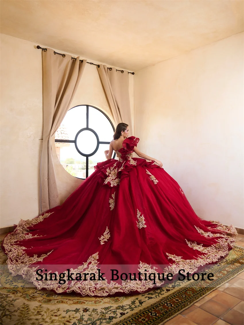Luksusowe czerwone suknie Quinceañera w stylu księżniczki, gorset z kwiatami, kryształy, sznurowane, aplikacje, vestido de 15 quinceañera, szyte na miarę