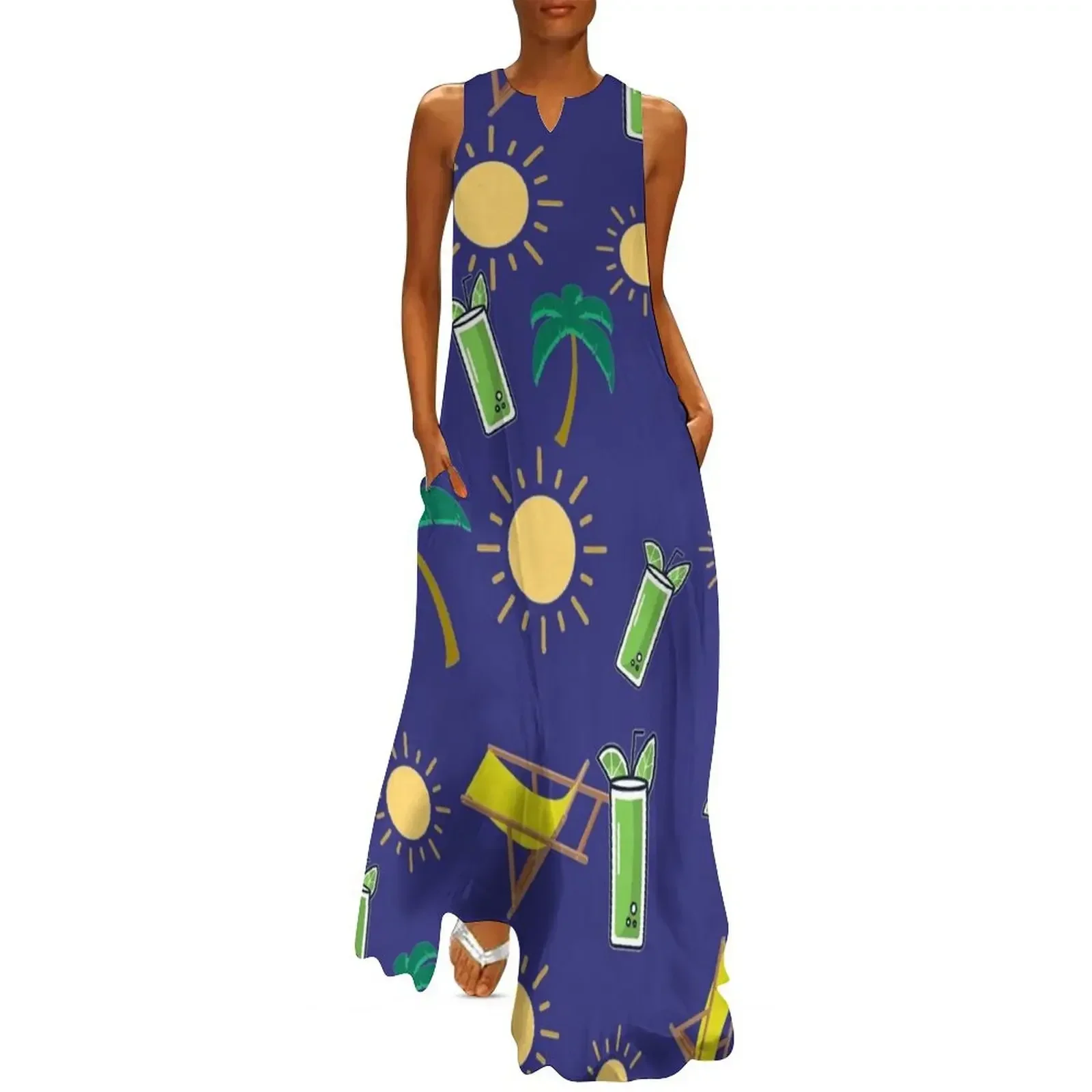 

holiday pattern, sun, palm tree, cocktail and lounge chair Long Dress Dresses Dress