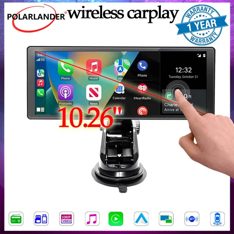 Bluetooth Car Audio Stereo Receiver Portable Apple Carplay Screen with 2K Dash Cam