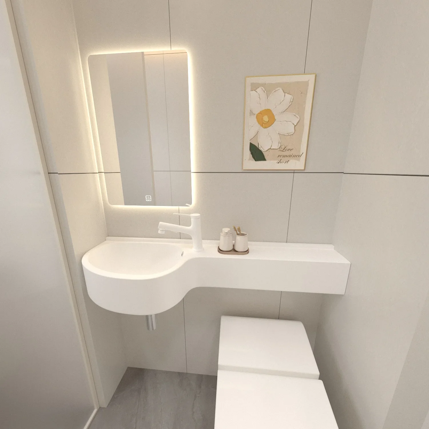 حوض غسيل متكامل معلق من الحجر الاصطناعي، حوض غسيل على شكل حرف P، حوض غسيل ممتد على سطح الطاولة