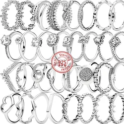 Anillos de plata de ley 100% 925 auténtica para mujer, corona, corazón, flor, ala, circonita brillante, Pantaro CZ, joyería fina, regalos de aniversario