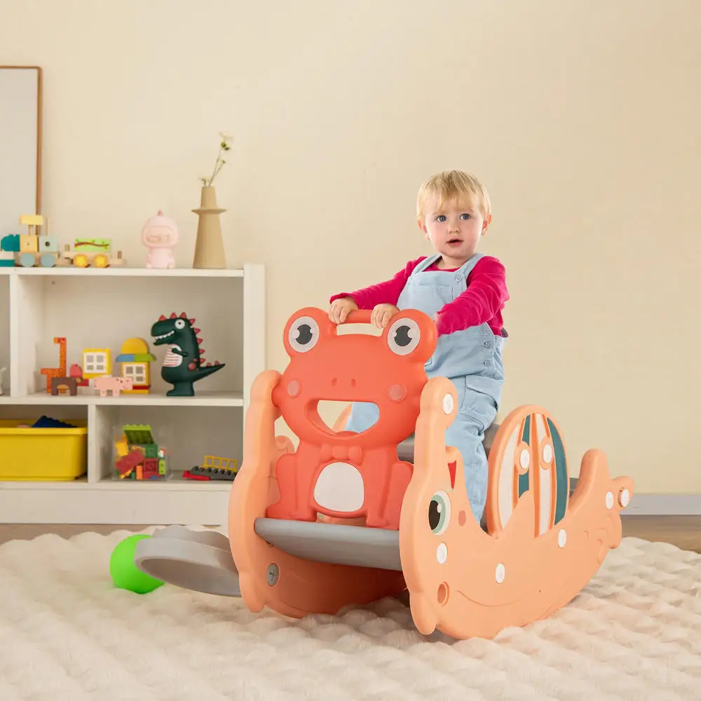 3-in-1 Kids Slide Rocking Horse Set Convertible Toddler Slide with Basketball Hoop-Pink
