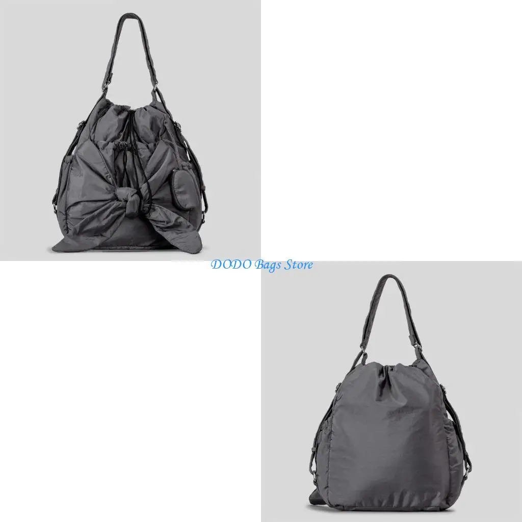 

Элегантная нейлоновая сумка-ведро с бантом, шнурком и плечевым ремнем. Просторная сумка через плечо. Большой женский рюкзак.