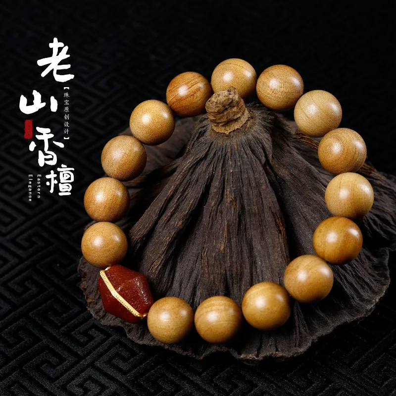 Chinese Style Auspicious Old Mountain Sandalwood Beaded Bracelet With Rhombus South Red Agate Blessing Fortune Good Luck Unisex