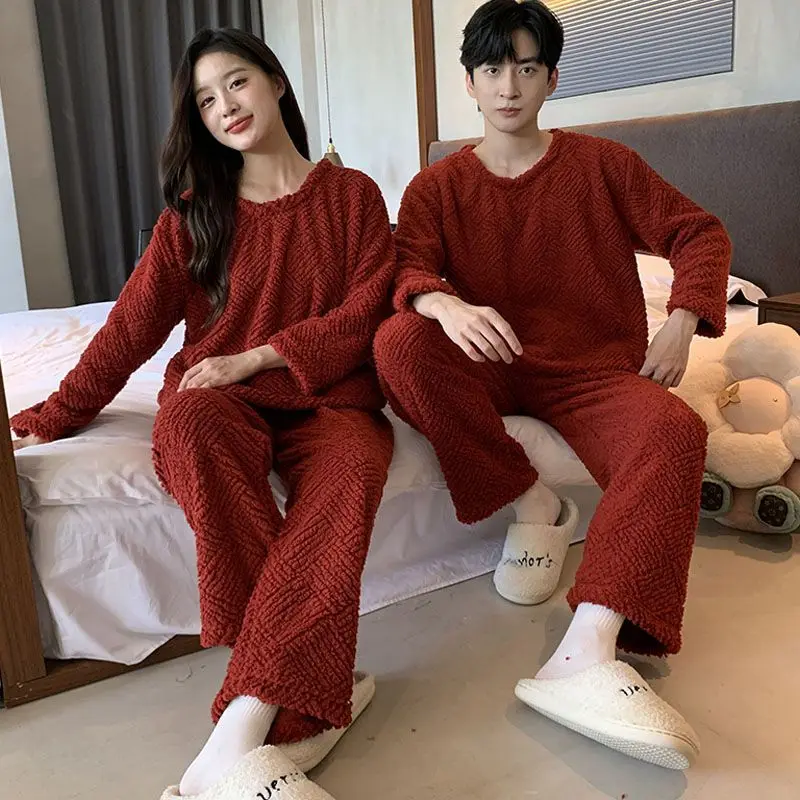 Couple Pajamas for Men Fleece Winter Sleepwear Korean Sleeping Night Wear Solid Pijama 2 Pcs Pants Sets Warm O-neck Home Suit