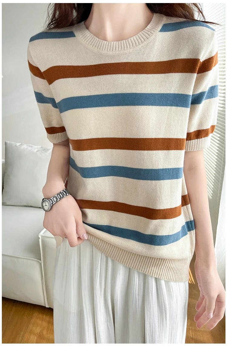 Damen T-Shirt Sommer 100% Baumwolle Pullover Kurzarm gestreift gestrickt Rundhals Damen Tops lose Bluse Pullover T-Shirts – Detail 2