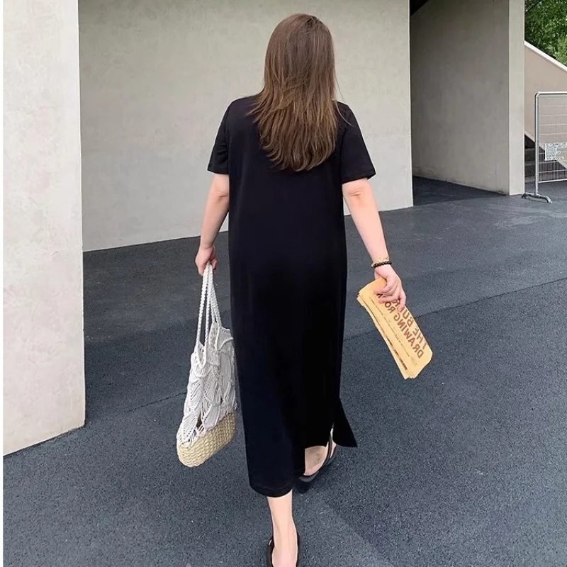 

Slit Letter Loose FitTPrinted Short Sleeve Dress Women,, Versatile Round Neck, New Summer Casual Dress