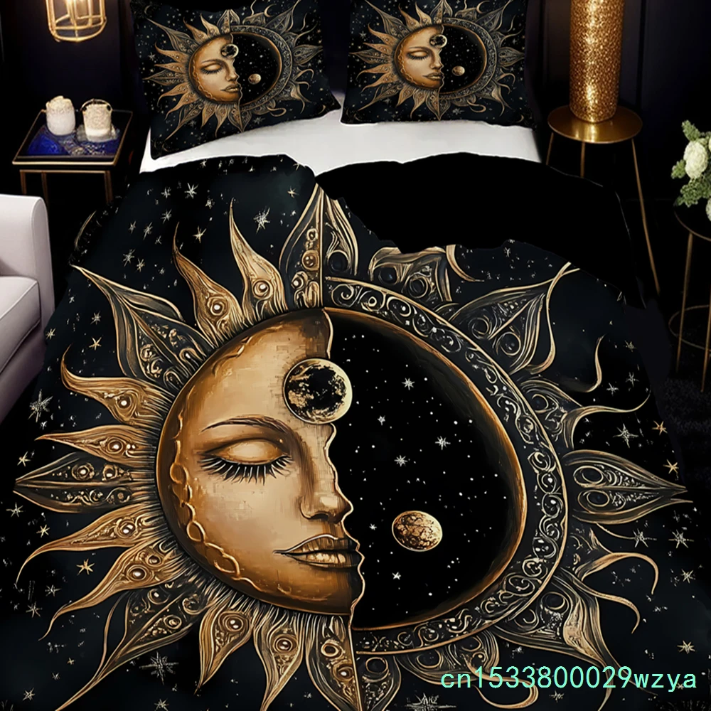 3D Print Celestial Sun Moon Stars Duvet Cover Set Golden Printed Bedding Set For Home Psychedelic Design Decor Quilt Covers
