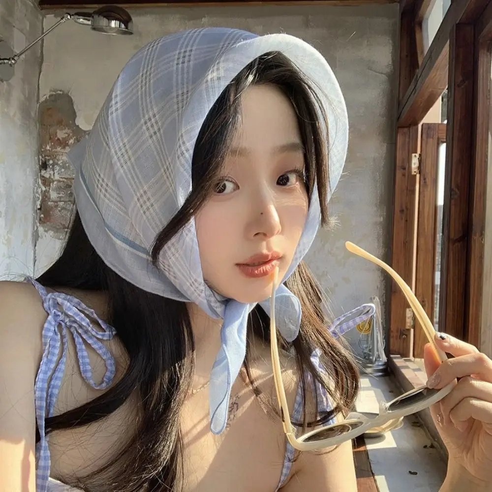 

Cute Pastoral Style Summer Triangle Headscarf Lattice Polka Dot Fresh Floral Headband French Silk Women Hair Band Girls