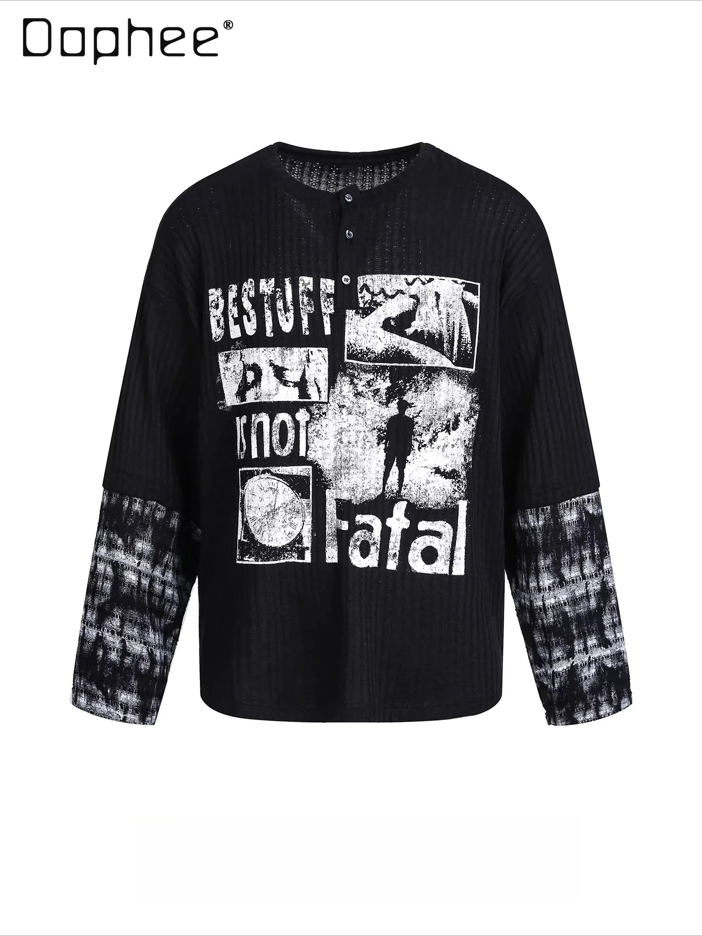 

Мужская футболка с длинным рукавом в американском уличном стиле, с граффити-принтом, имитация двухслойности, свободный крой, универсальная, черная, весна-осень