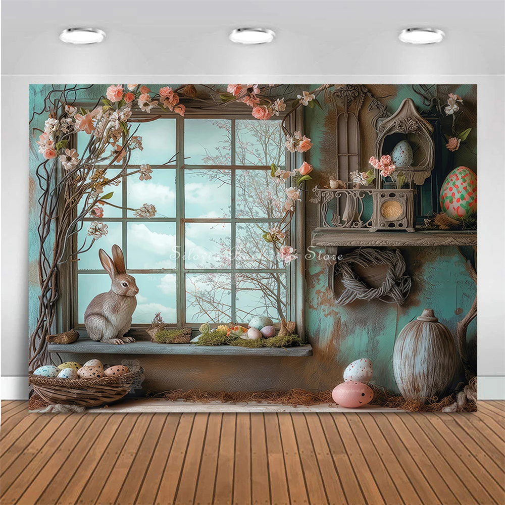 Spring Easter Photo Background Vintage Window Flowers Rabbit Photography Backdrop Kids Portrait Photo Studio Props