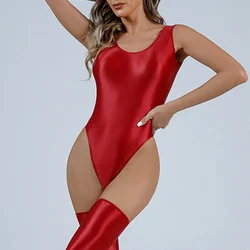 Women's Swimsuit High Cut Backless Thongs Bodysuit Sexy Oil Glossy Elastic Leotard Women Tights Nightwear