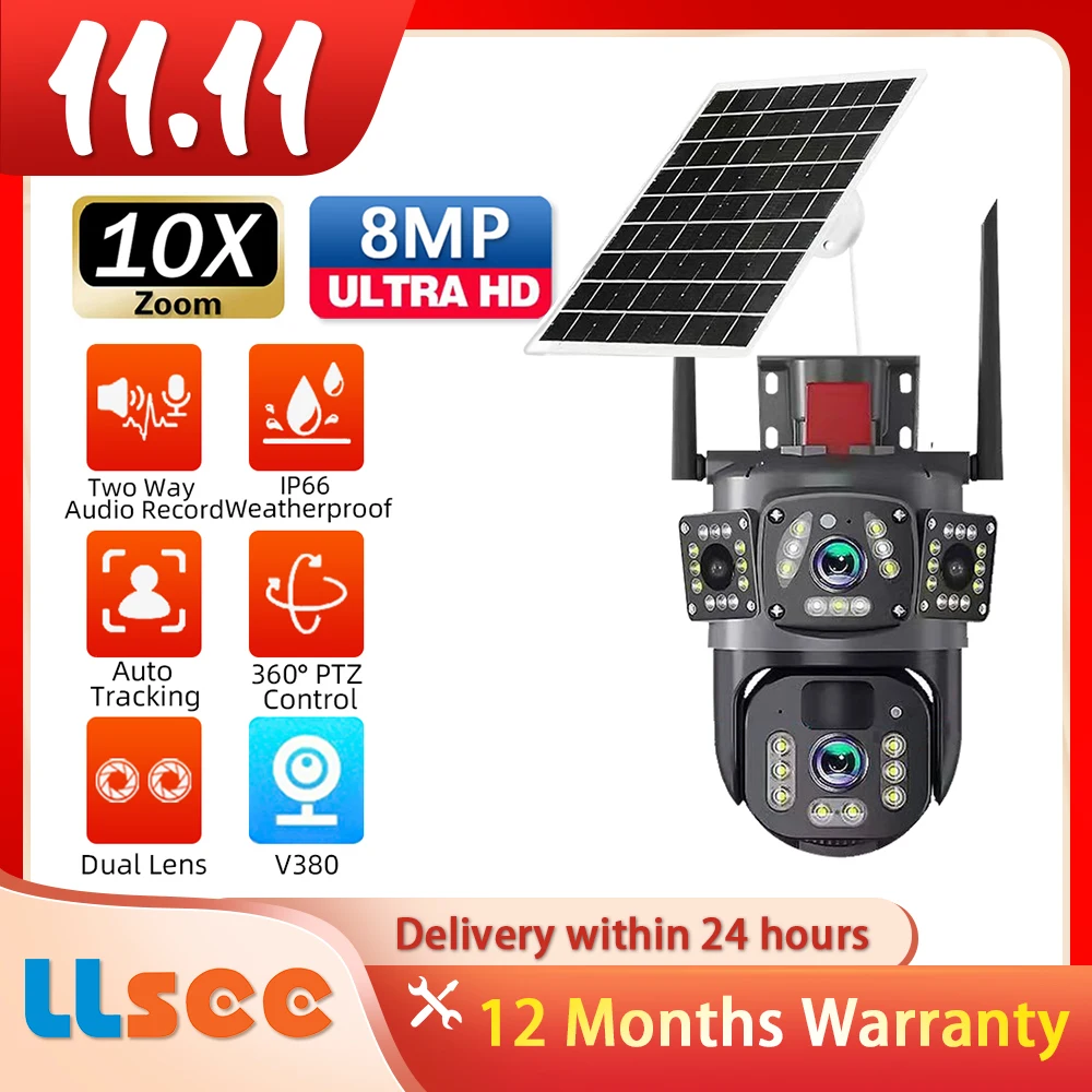 LLSEE V380,Wireless WIFI solar closed-circuit television,CCTV,4G SIM solar camera,4K dual lens,outdoor security network camera