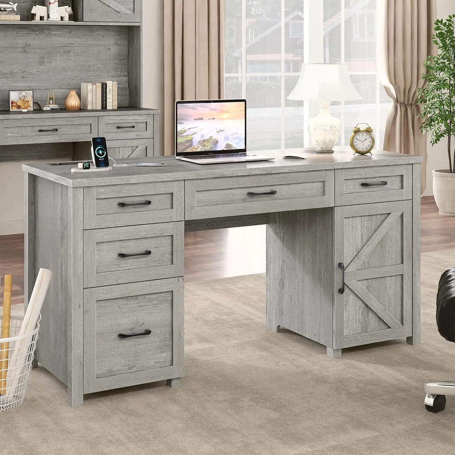 Farmhouse 61'' Executive Desk With 5 Drawers, Rustic Office Desk Computer Desk With Charging Station, File Drawers And Storage