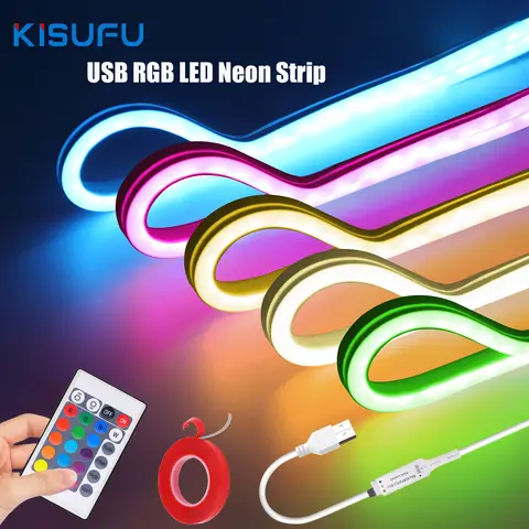 5V USB RGB LED 네온 스트립 조명 원격 제어 1M 2M 3M 5M 플렉스 실리콘 리본 테이프 접착제 야외 홈 장식 크리스마스