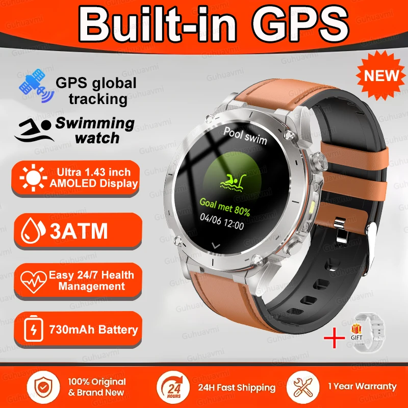 GUHUAVMI [Weltpremiere] Robuste GPS-Smartwatch, 1,43 Zoll AMOLED-Display, Bluetooth-Telefonanrufe, LED-Taschenlampe, IP68, wasserdichtes Sportarmband 8