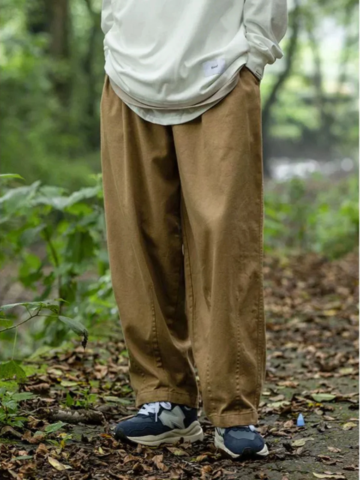 

Retro Japanese Design Color Elastic Waist Straight Leg Work Pants ex Loose Wide Leg Casual Trousers for Youth
