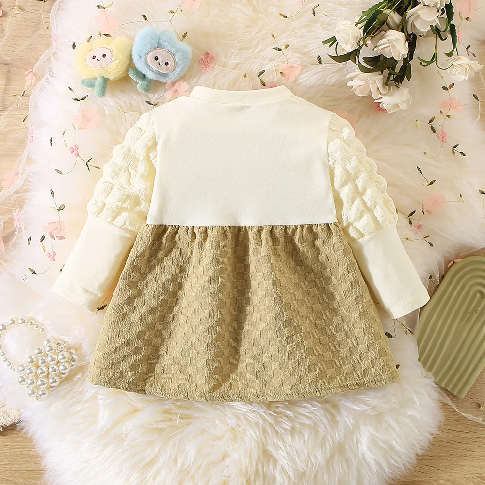 Autumn/winter New Girls\' Dress Fake Two Sets Button Back Lace Flower Plaid Pattern Plaid Sleeves Sweet Princess Dress