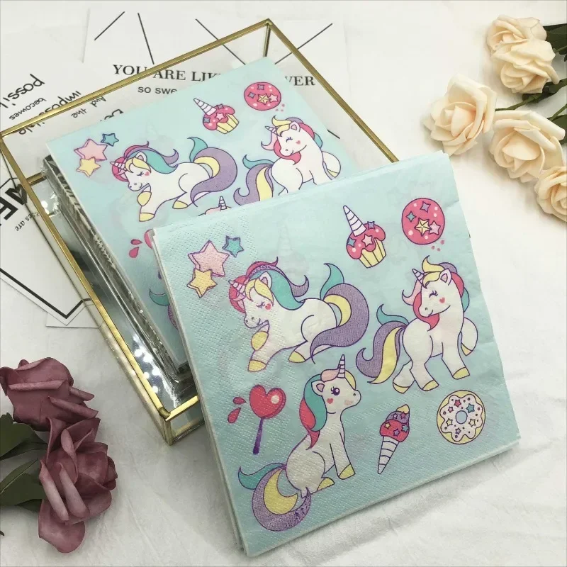 20pcs 33 * 33cm 2Layer Children's Party Cartoon Elements Napkins Pony Blue Disposable Table Mat DIY Decoupage Paper