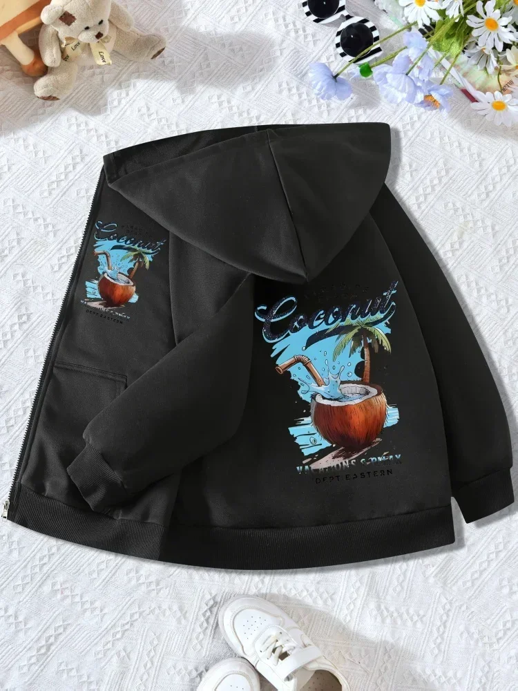 Casual Zip Hooded Coat For Kids Summer Beach Coconut Drink Palm Tree Graphic Long Sleeve Pocket Hooded Outer Jacket