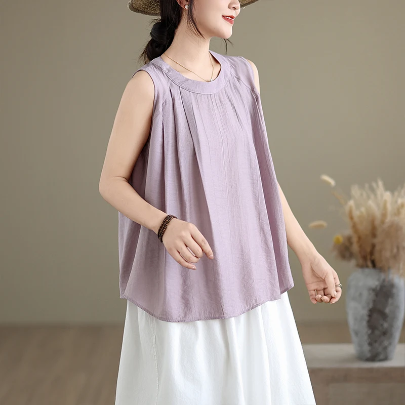 New Summer Textured Linen Loose Vest Cotton Linen Women's Faion Pleated Svel Top T-irt Small irt Original Design