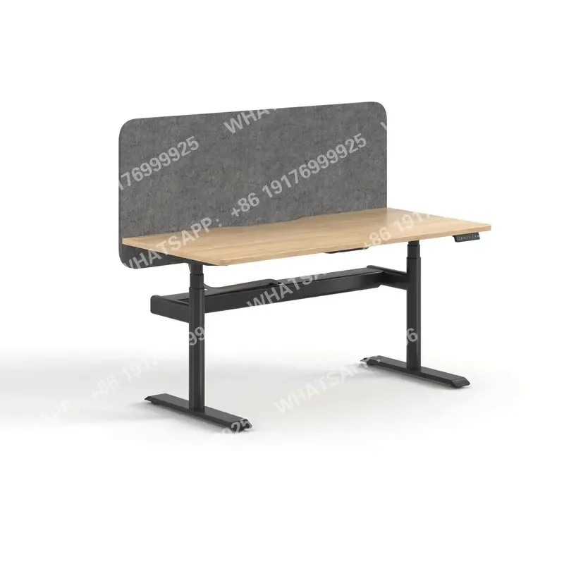 Electric Height Adjustable Standing Desk with Wood Grain Top and Grey Acoustic Privacy Screen for Modern Home Office