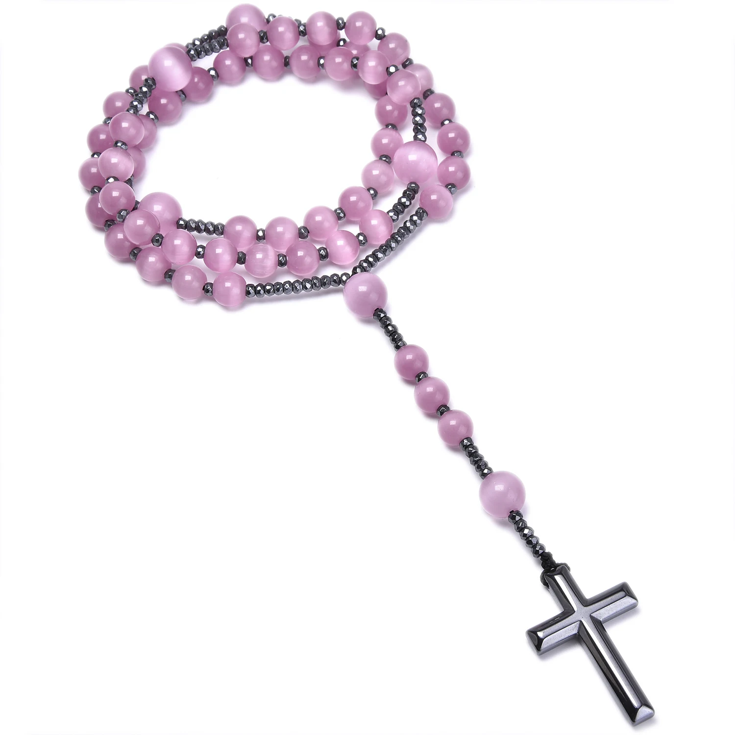 Catholic Christ Rosary Necklaces Pink Cat Eye Stone Hematite Cross Pendant Necklace Women Jewelry