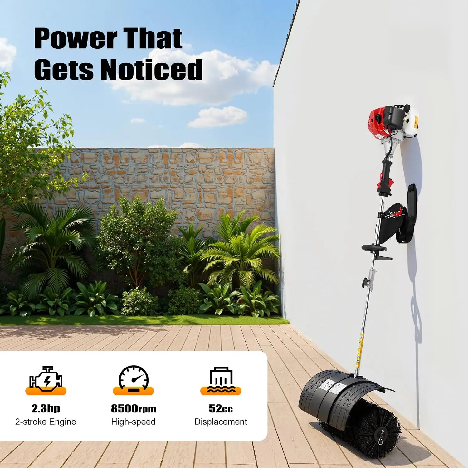 52CC 2 Stroke 2.3HP Gas Power Walk Behind Sweeper, Portable Artificial Lawn Sweeper Cleaner Tools, 1700W Handheld Sweeper Broom