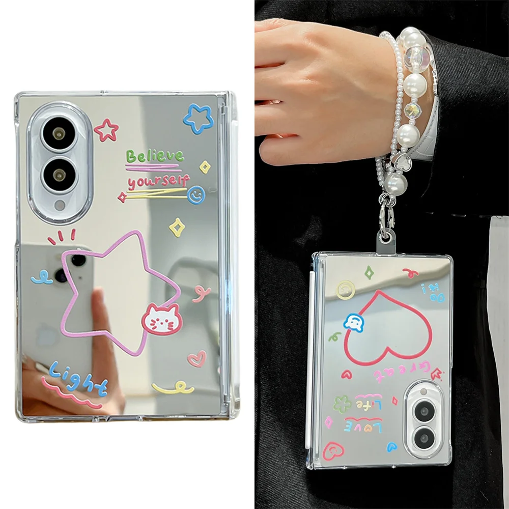 Phone Case For Samsung Galaxy Z Fold8 Ultra Fold7 Fold6 Mirror Cute Star Cartoon Print Clear Cover Pearl Bead Wrist Chain