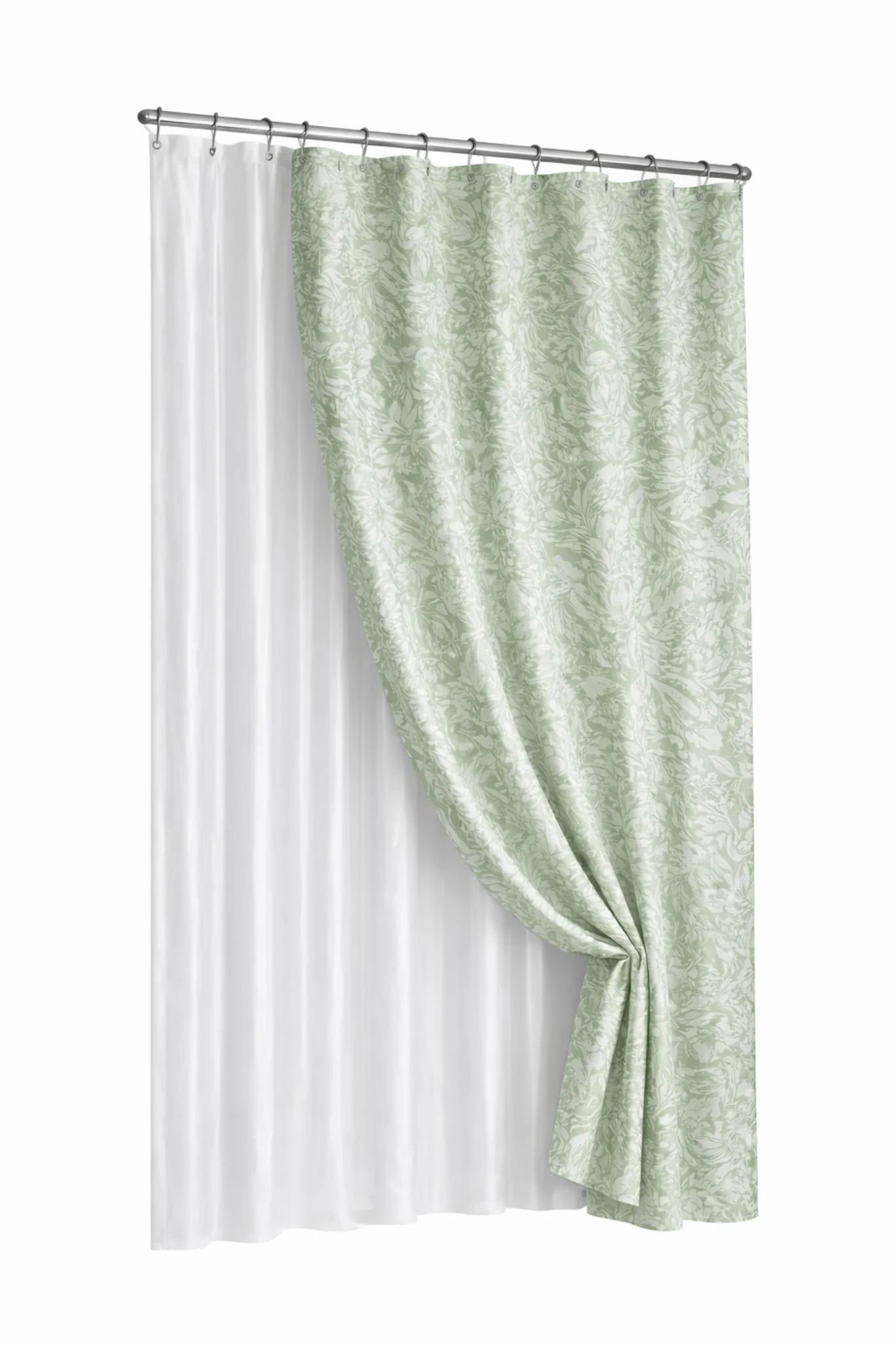 

Green floral matelasse shower curtain with clear heavy-duty liner