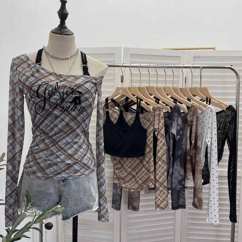 ISAROSE Sexy T-shirt Sets for Women Solid Color Crop Braless Camisole with Long Sleeves Asymmetrical Collar Stretch Mesh Tops