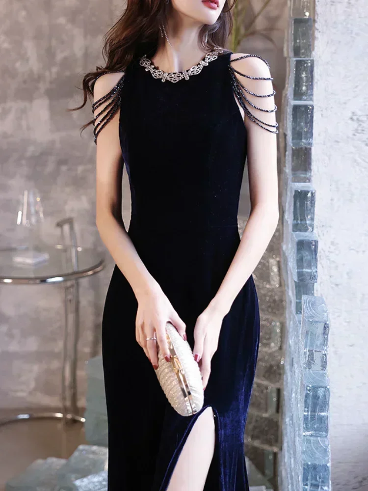 Customized O-neck Beading Design Tassel Sleeveless Eveming Slim Waist Formal Dress Women Elegant 2024 Summer Feminino Split Trum