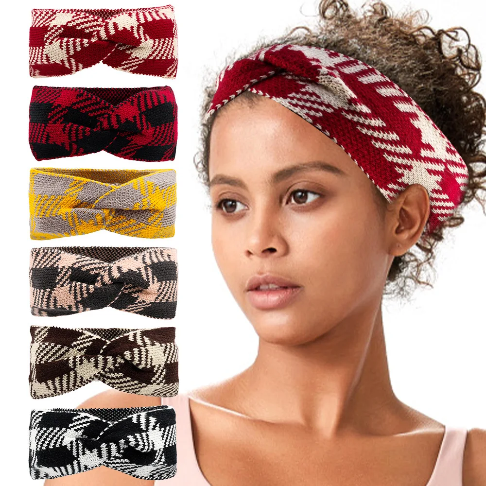 

Autumn and winter acrylic yarn plaid elastic outdoor sports cycling running ear protection warm headband