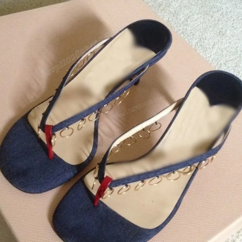 

Flip-Flops Blue Demin Round Rings Decor Slippers Stiletto High Heel Fashion Sexy Women Shoes 2024 Summer Zapatos Para Mujere