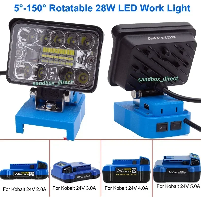 LED Work Light Works For Kobalt 24V Lithium Battery (2800LM)-With USB Port Power And Fast Charging Cordless Tool