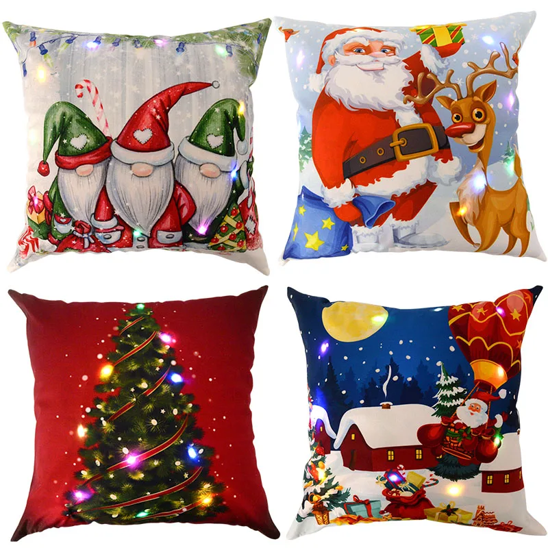 45cm Christmas Pillowcase Cushion Cover With LED Light Santa Christmas Decoration For Home Sofa Pillow Cover New Year 2024 Decor