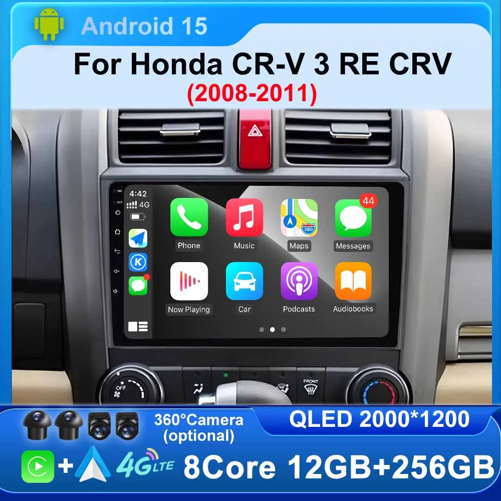 

8-ядерный автомобильный радиоприемник Carplay Android 15 для Honda CR-V 3 RE CRV 2008-2011, мультимедийный видеоплеер, 4G-навигация, GPS BT, головное устройство