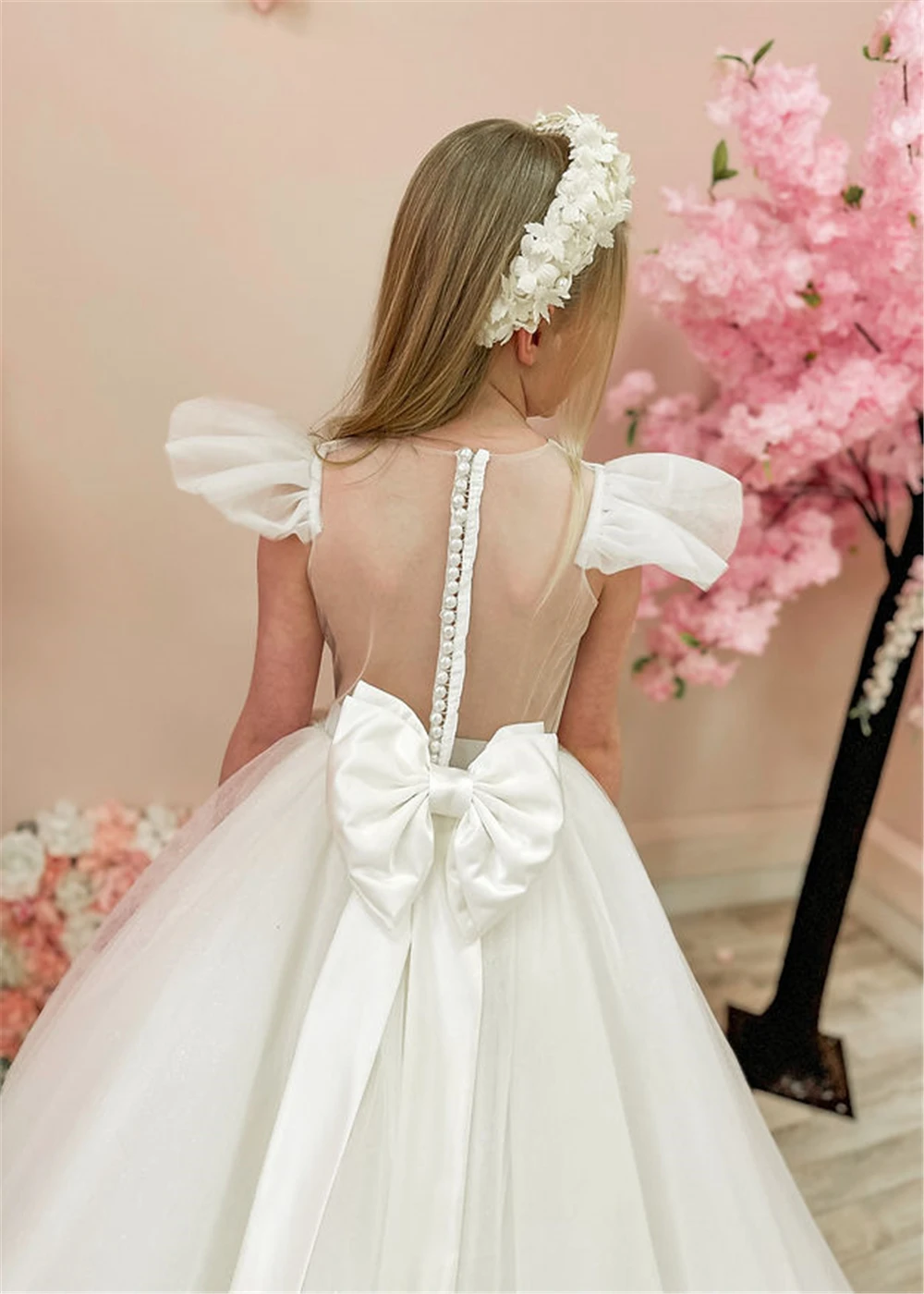 Elegant Princess Flower Girl Dress Wedding Thin Length Bow Belt First Communion Gowns Children Birthday Gift Ball Evening Party