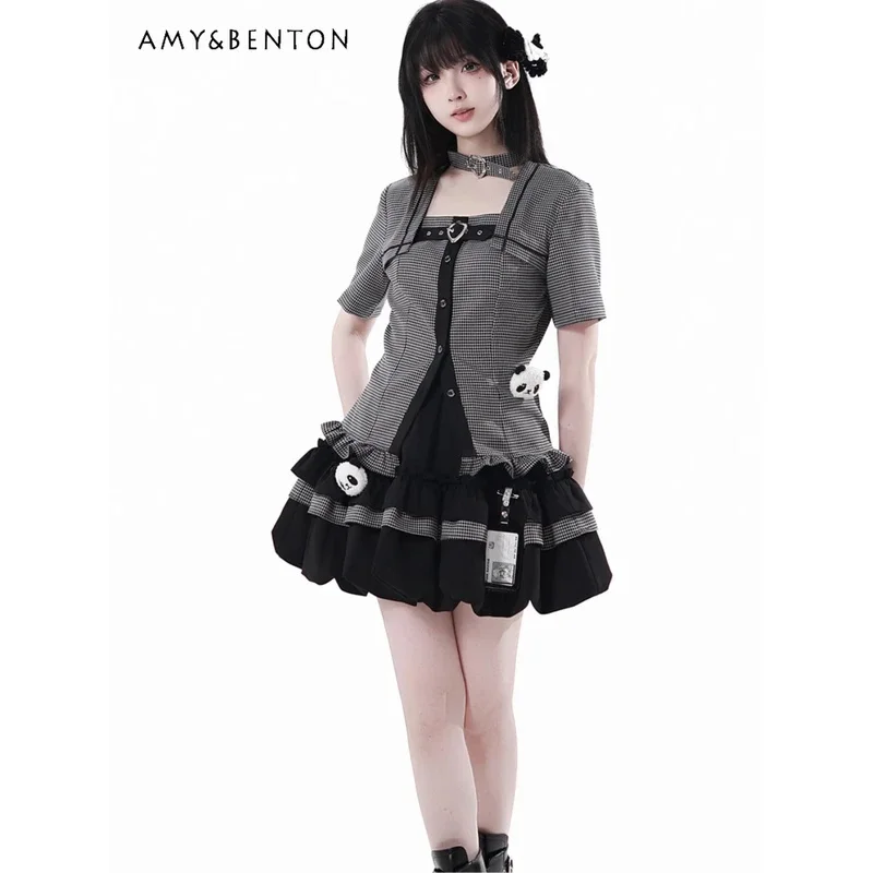 

25COSSweet Cool Girl в студенческом стиле, черная клетчатая рубашка с короткими рукавами и рюшами, тонкая пышная юбка, комплекты из двух предметов, женские комплекты Outifi