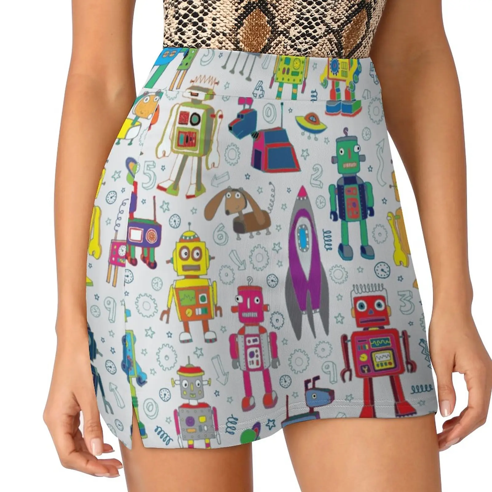 Robots In Ruimte-Grijs-Fun Robot Patroon Door Cecca Ontwerpen Rokken Vrouw Mode 2022 Broek Rok Mini Rokken kantoor Korte Rok