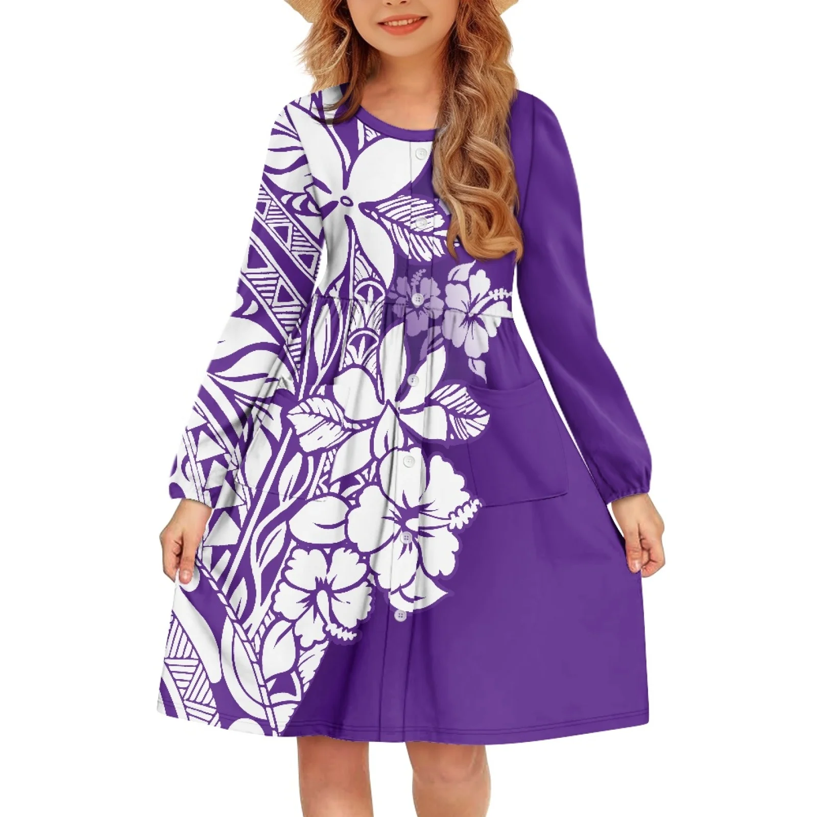 

Polynesian Tribal Totem Tattoo Fiji Prints Girls A-line Skirt With Pockets Buttons Stylish Round Neck Autumn/winter Kids Dress