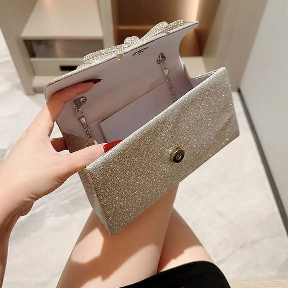موضة حجر الراين Bowknot مساء حقيبة بريق الذهب الفضة القوس سلسلة حقيبة حقيبة صغيرة للنساء الإناث #4