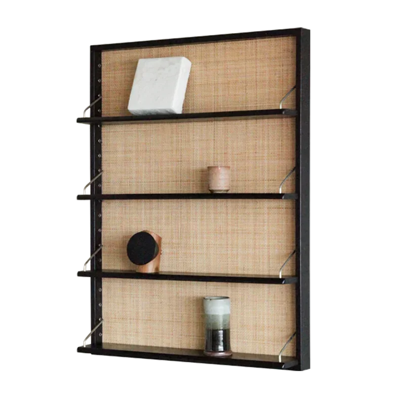 Solid wood wall shelf bookshelf wabi wind living room wall hanging display rack rattan teak hanging